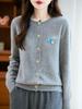 Women's Cherry Jacquard 100% Pure Wool Korean Round Neck Knit Cardigan Sweater Coat
