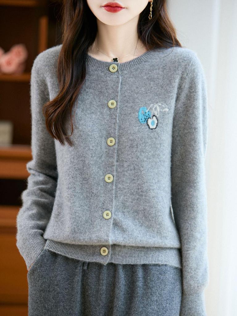 Women's Cherry Jacquard 100% Pure Wool Korean Round Neck Knit Cardigan Sweater Coat
