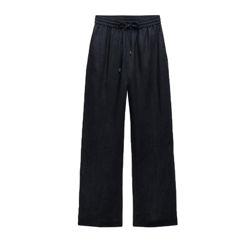 

Spring New Arrival Casual Easiest for Match Stretch Waist High Waist Shoelace Linen Blend Straight-Leg Pants 9929040 SEA BLUE L