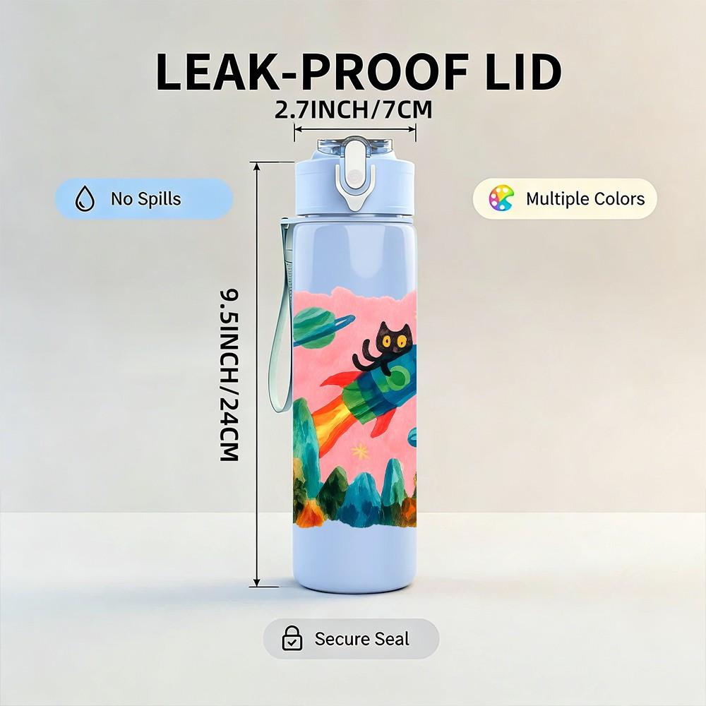1PC Mountain Rocket Cartoon 750ml Color Plastic Sports Water Bottle Leakproof Flip Straw Lid Suitable for Sports Office Home Use