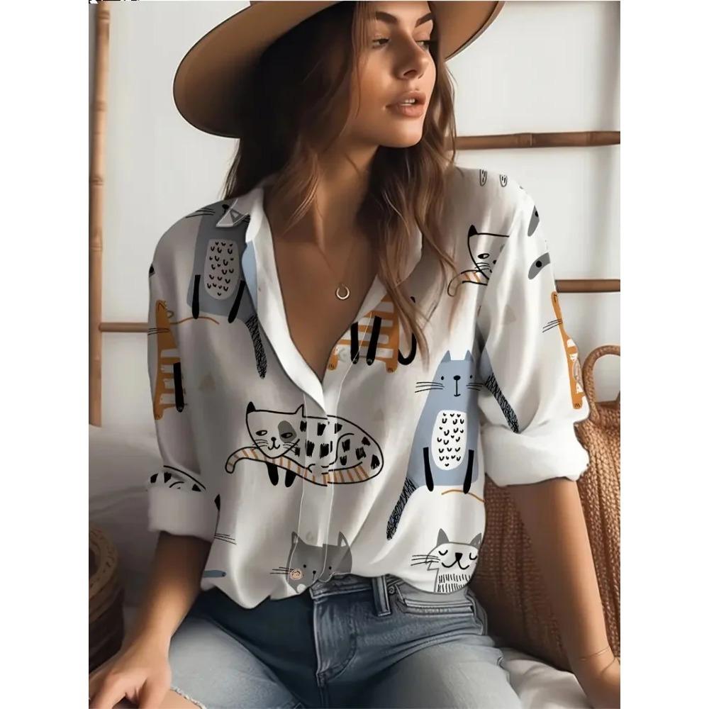 Summer 2025 Women Shirts Lapel Short Sleeve Abstract Cartoon Portrait Prints Blouses Fashion Casual Cute Cat Print Shirts Tops