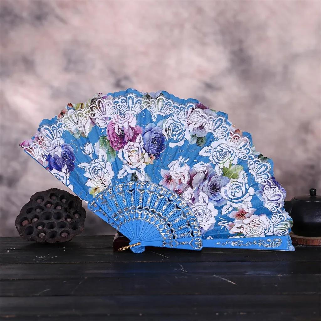 2025 Vintage Silk Fan Floral Pattern Decorative Wedding Party Chinese Japanese Bamboo Fan Dance Hand Fan Flower Fan