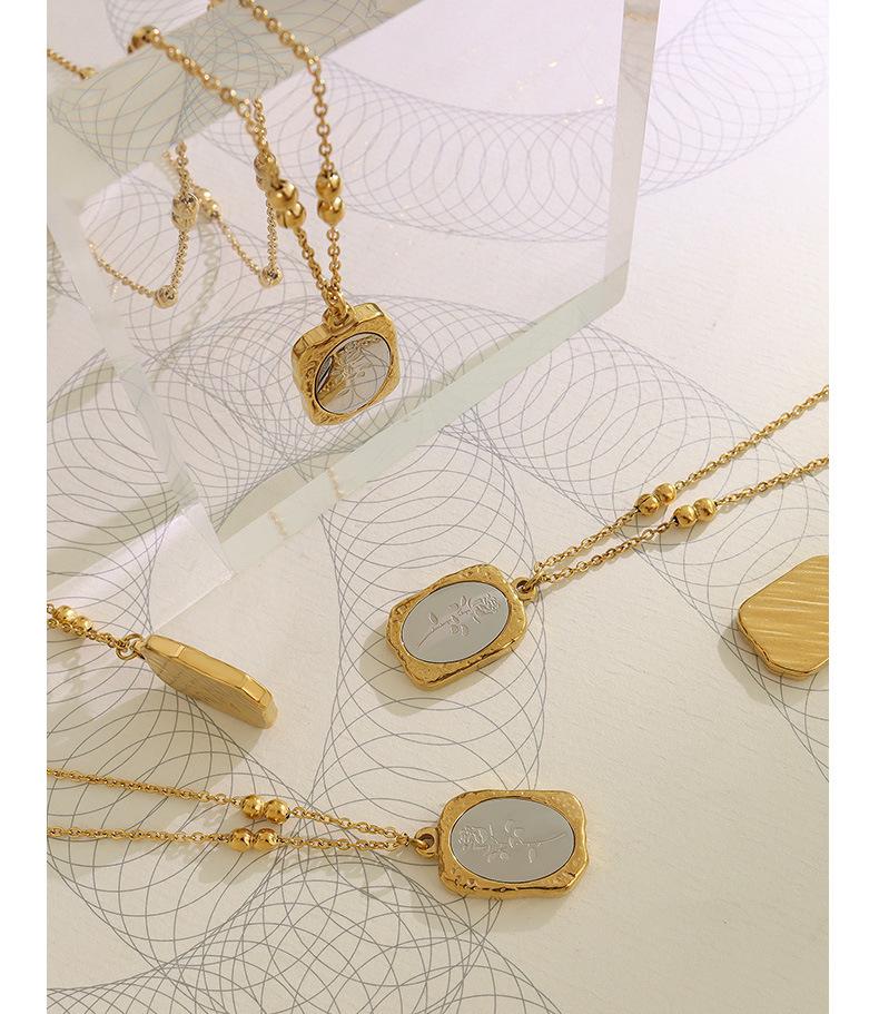 French Retro Rose Flower Necklace with Geometric Bead Chain, 18K Gold-Plated Titanium Steel