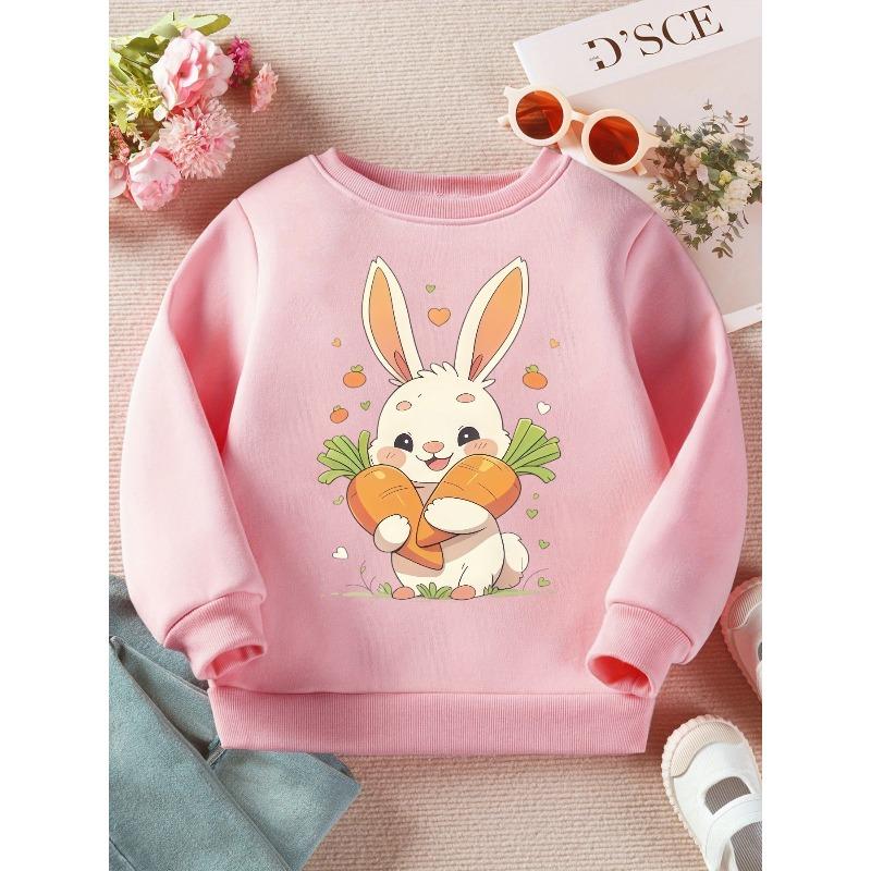 Kids Crewneck Sweatshirt, Cute White Rabbit Carrot Print Long Sleeve Casual Top for Spring Autumn
