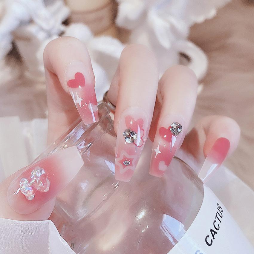 24Pcs Pink Silver Glitter Diamond Fake Nails Long Ballerina Press On Nails Reusable False Nail Tips Set