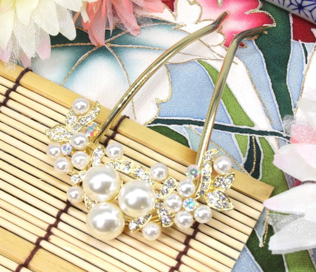 [Miaomyao] Kanzashi U-shaped Hair Ornament for Japanese Clothing, Yukata, Kimono, Pearl Hair Comb, Antique Hair Accessory, Gold