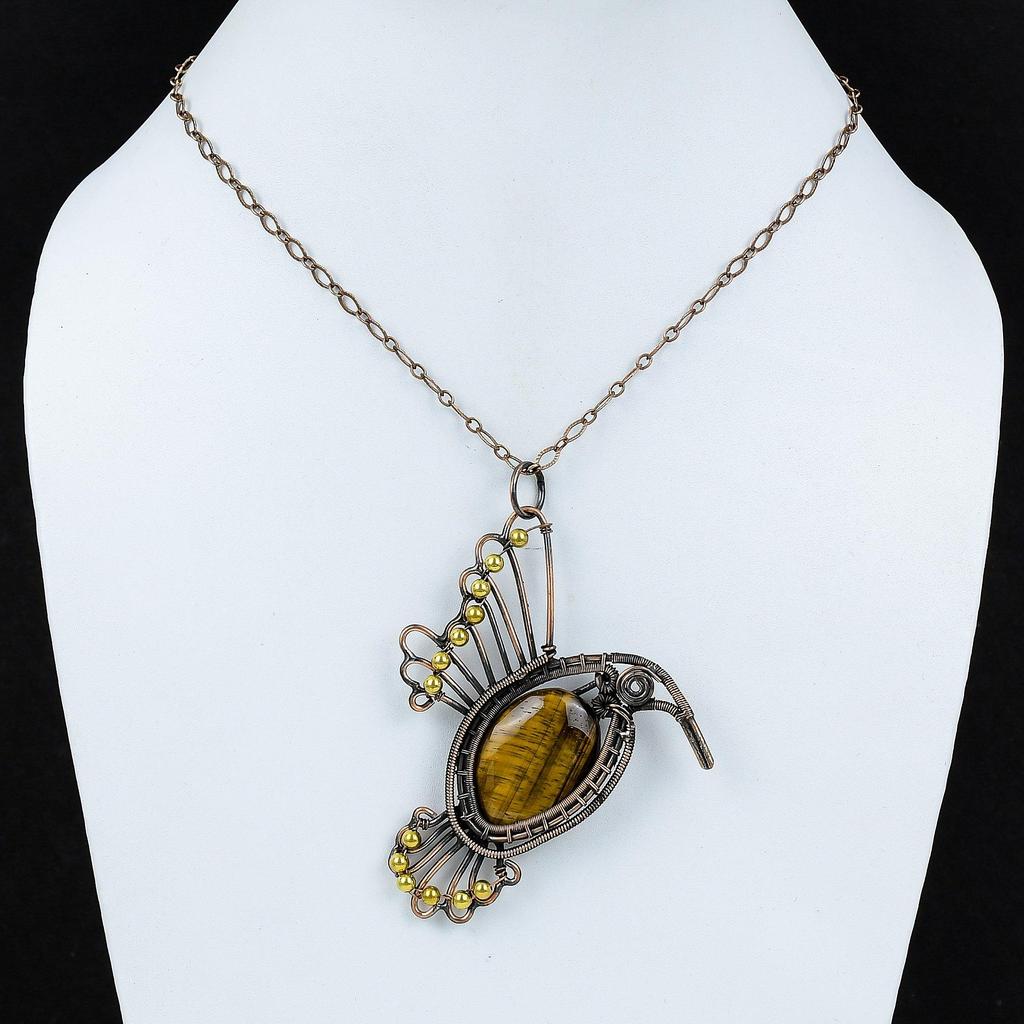 Tigerauge Anhänger Kupferdraht gewickelt Anhänger Vogel Anhänger Unikat Kupfer Design Schmuck Handarbeit stylischer Anhänger Edelstein Schmuck als Geschenk