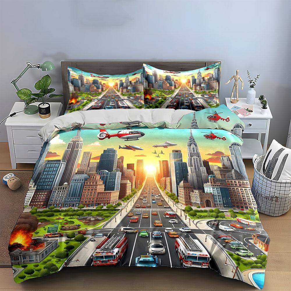 "Vibrant Cityscape Adventure" Bedding Sets Duvet Covers Pillowcases(1* Duvet Cover 2* Pillowcases Without Duvet Insert)