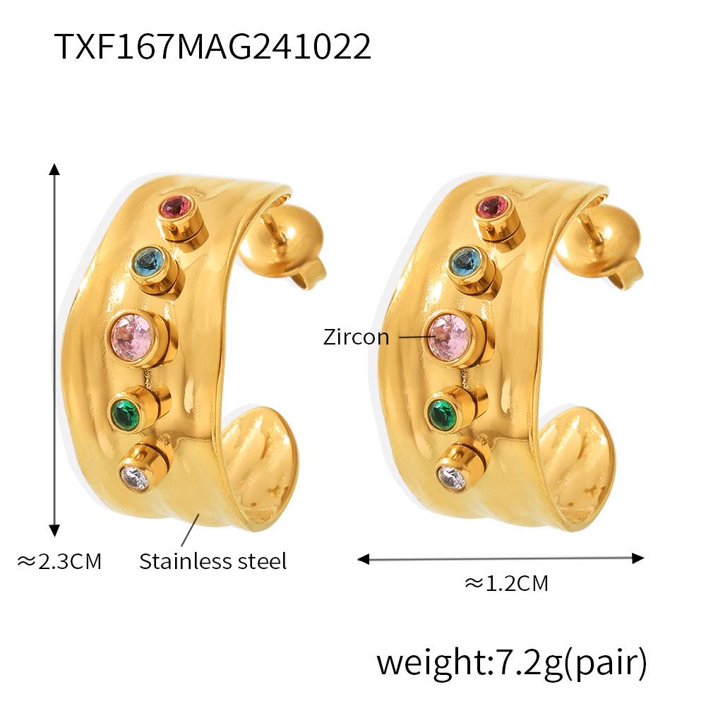 Qiong Yao Mixed Color Cubic Zirconia Open Ring C-shaped Earrings, 18K Gold Plated Stainless Steel Jewelry Set for Women