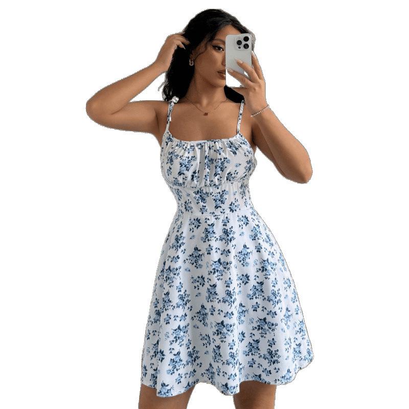 2025 Summer Floral Print Spaghetti Strap Dress - European & American Style with Square Neck and Short Skirt
