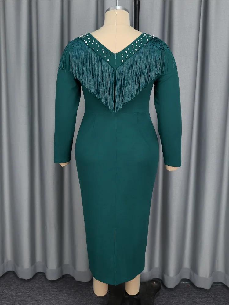 Green Elegant Tassel Beading Dress V Neck  Long Sleeve Patchwork Slim Fit Party Package Hip Women Evening Gown