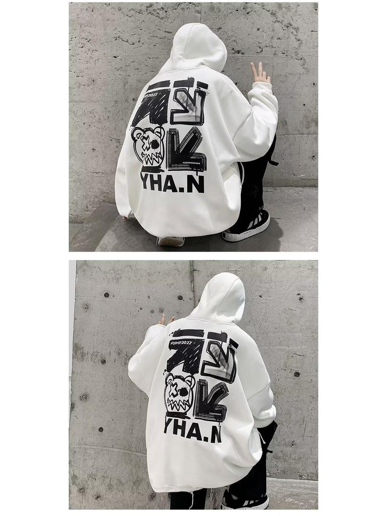 Men's Heavyweight Hooded Sweatshirt - Trendy Autumn/Winter High Street Style, Loose Fit, Velvet Lined.