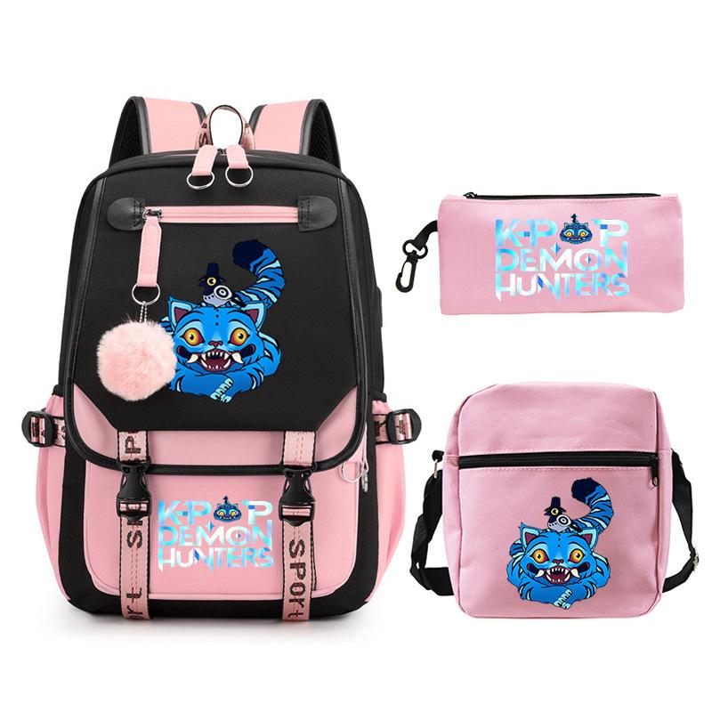 Kpop Trend Backpack Large Capacity Student School Bag Three-Piece Pencil Case Casual Shoulder Bag