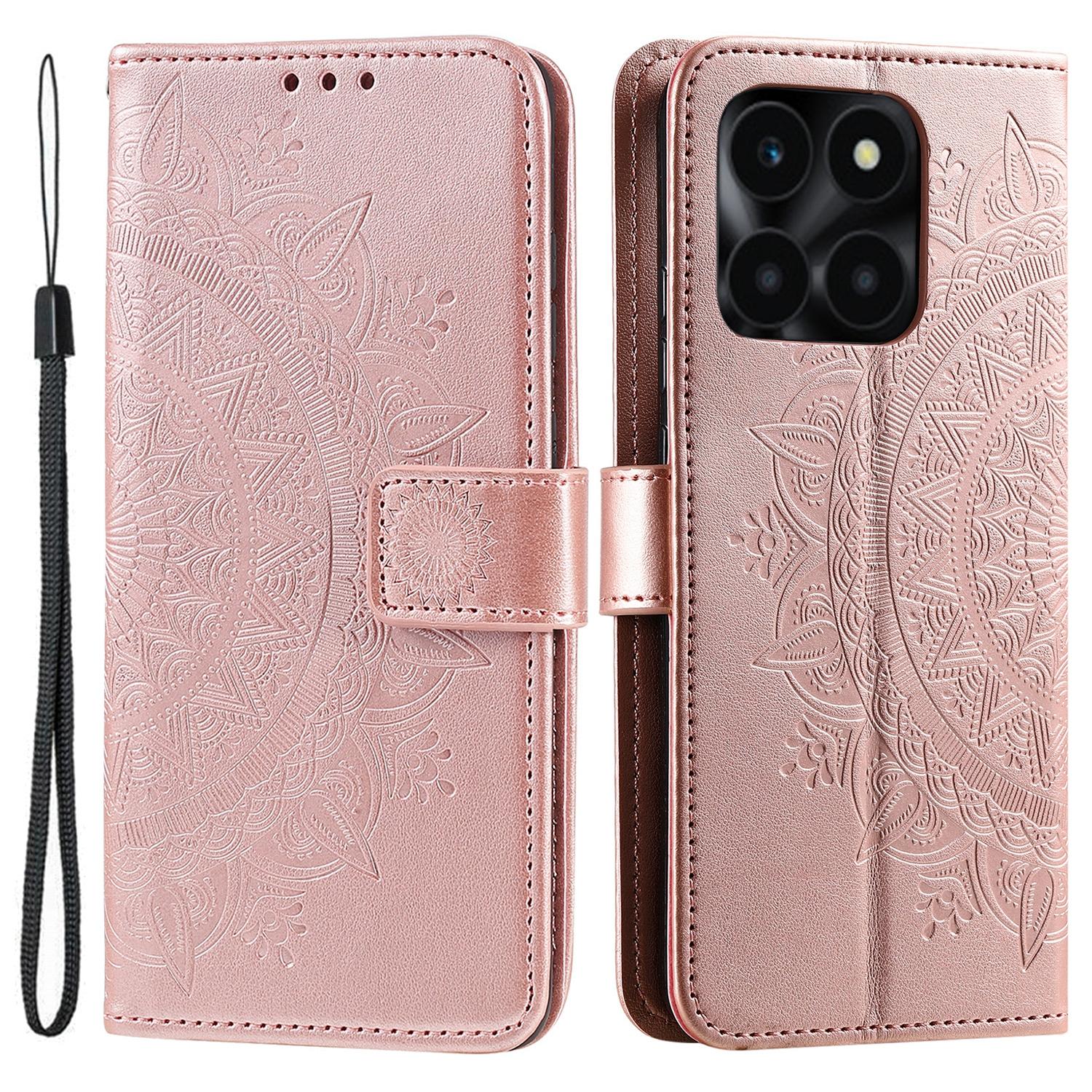 

Для Honor X6a 4G Чохол для телефону з ПУ шкіри з тисненням квітки мандали, чохол-підставка, гаманець зі шнурком Rose Gold