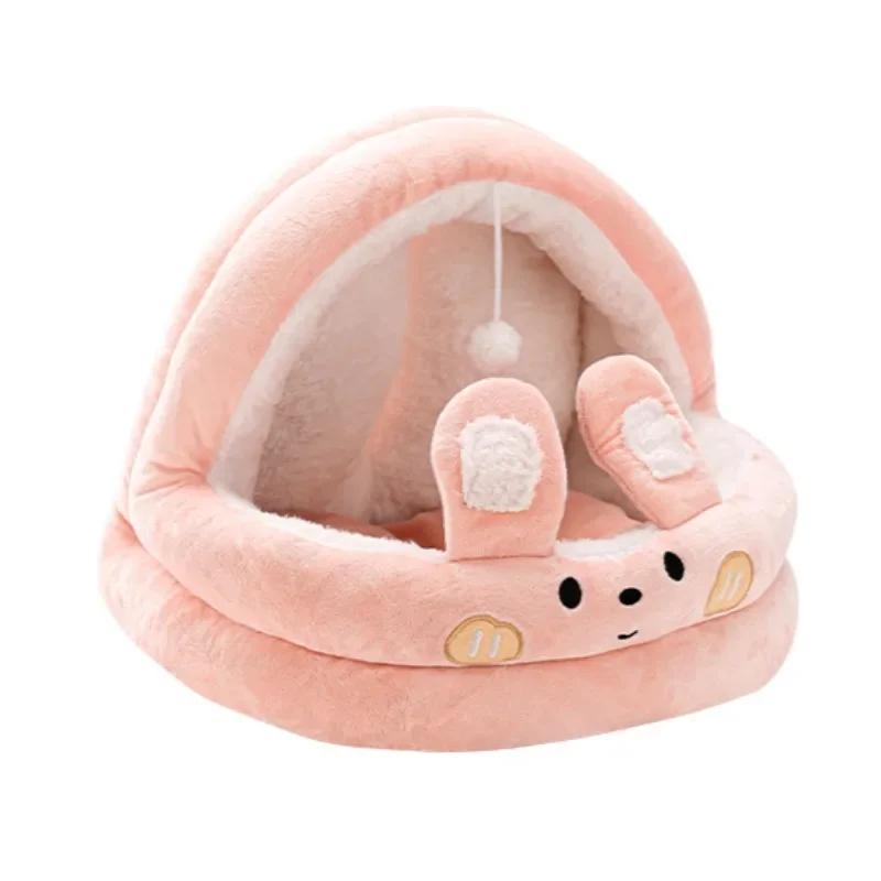 Cat Litter Bed Soft Semi Enclosed Cat Bed and Cozy with Plush Ball Kitten Cave Beds Removable Cute Cartoon Pet Sleep Accessories