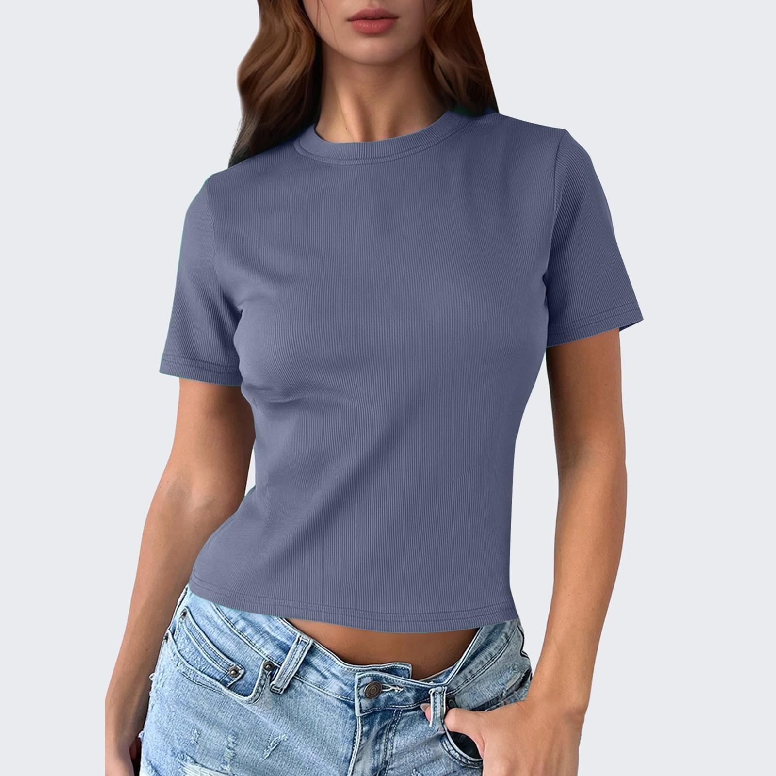 

Женские футболки с короткими рукавами и круглым вырезом, весенние топы, повседневные свободные базовые футболки M синий