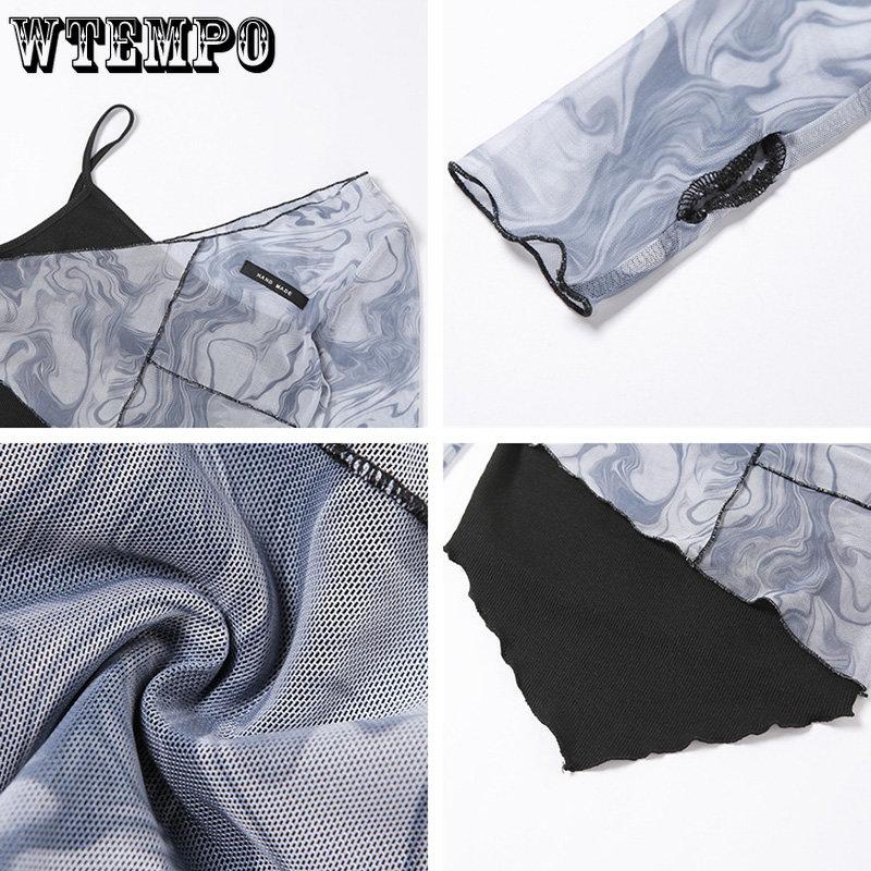 WTEMPO Dámské šik síťované patchworkové tričko s dlouhým rukávem + vnitřní přiléhavý top na ramínka, asymetrické falešné dvoudílné zkrácené topy
