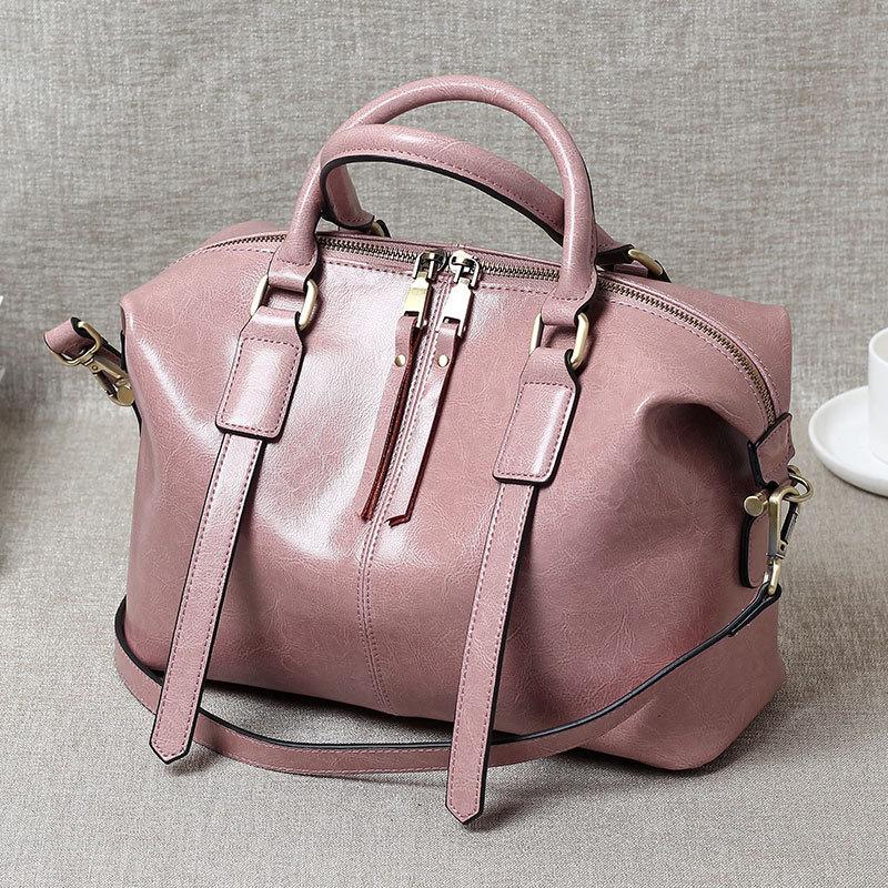 New Spring and Summer Hand-carrying Retro European and American Cowhide Boston Women's Bag Trendy Leather One-shoulder Crossbody Bag