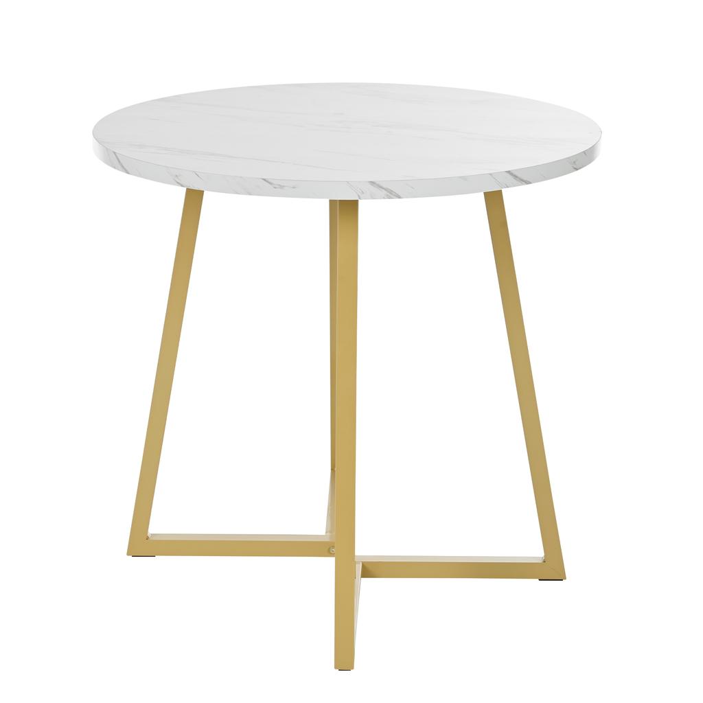 Round Dining Table (1 Piece), Unique Metal Frame, Dining Table with Modern Marble Pattern, Suitable for Dining Room, Living Room, White/Gold