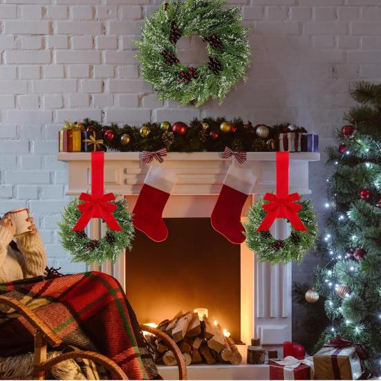 Yousheng Christmas Wreath for Windows 10 Inch Small Artificial Greenery Wreath with Berries And Red Bow for Winter Fireplace Home Decor