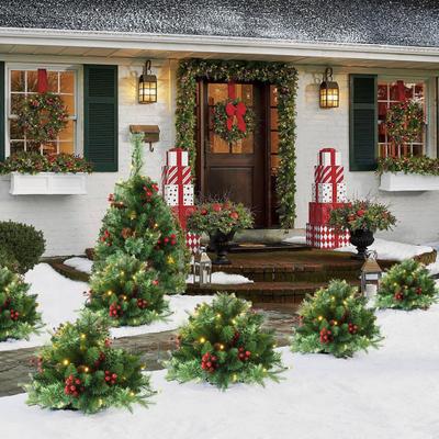 Lighted Artificial Christmas Urn Filler Battery Operated Pre-lit Xmas Pine Tree with Tripod Stake And 50 LED Light Outdoor Planter Filler for Holiday