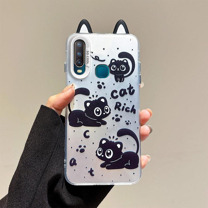 KEYSION Cute Ear Cartoon Case for VIVO Y17 Y15 Y12 with Lanyard Soft Silicone+PC Shockproof Phone Back Cover for VIVO Y11 2019