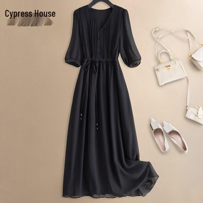 Commuter V-Neck Half-Sleeve A-Line Midi Dress M