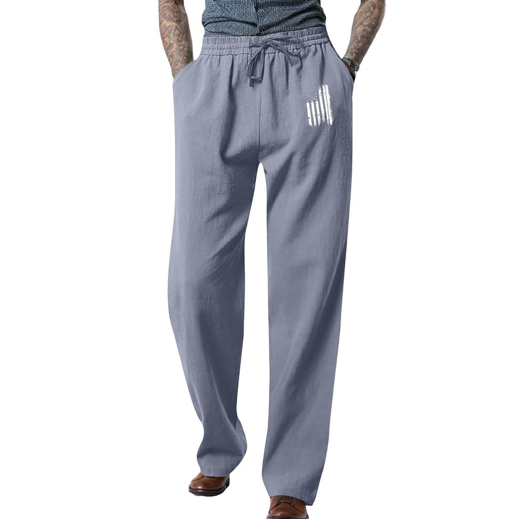 Men's Loose Casual Cotton Linen Trousers Elastic Tie Printed Straight Pants