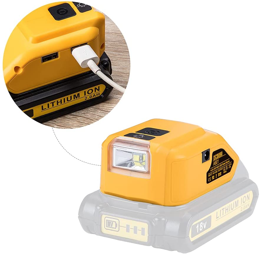 Battery adapter DCB090 for Dewalt 18V 20V external battery with  Dual USB Type-C DC Original Replacement LED Work light