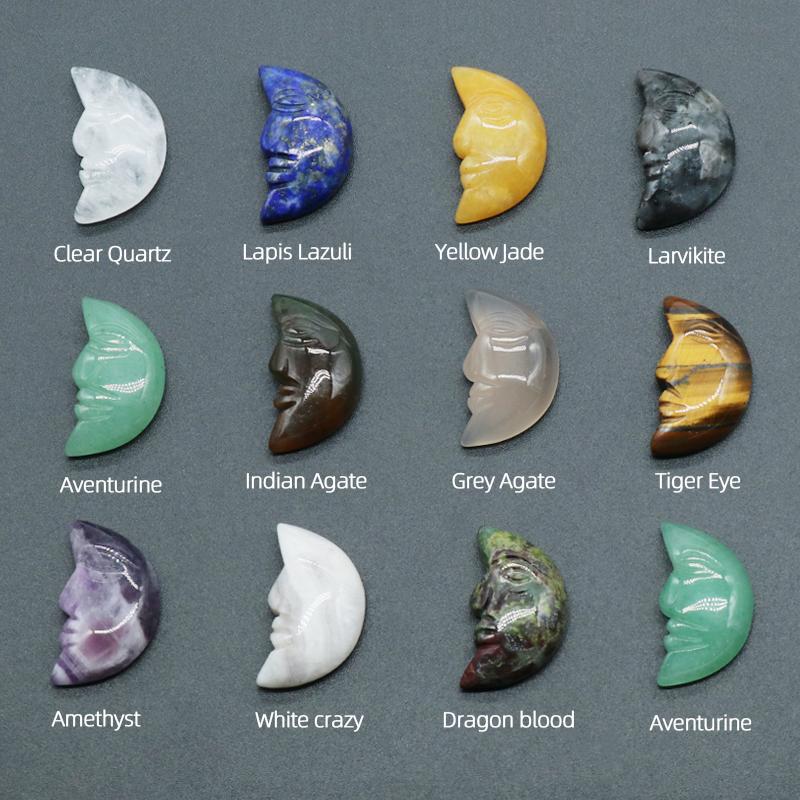 1Pc, Reiki Healing Crystal Carved Moon Face Ornament Decoration, Mini Natural Stone Quartz Gemstone Home Decor Jewelry, Halloween Gifts 26×15mm