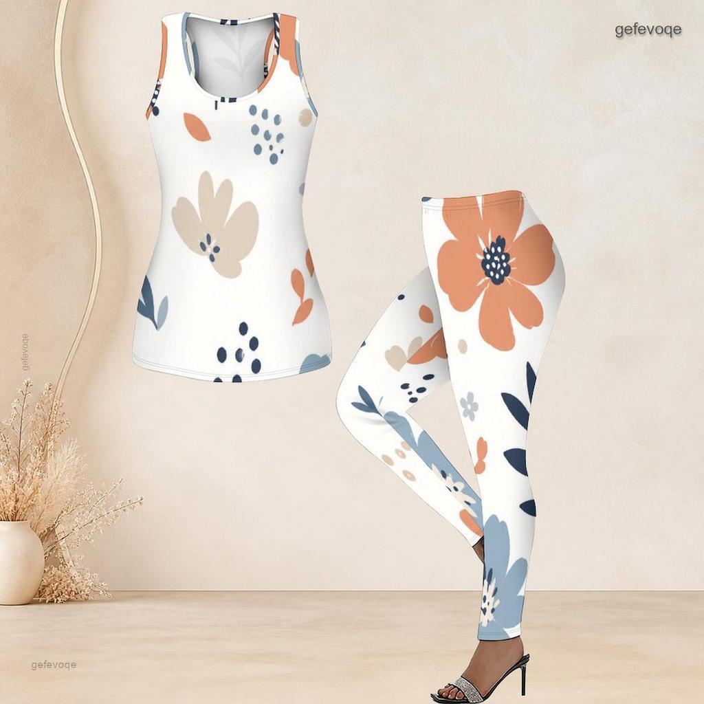 Women Plus Size Floral Printed Two Piece Set Scoop Neck Sleeveless Longline Tank Top Fitted Pants