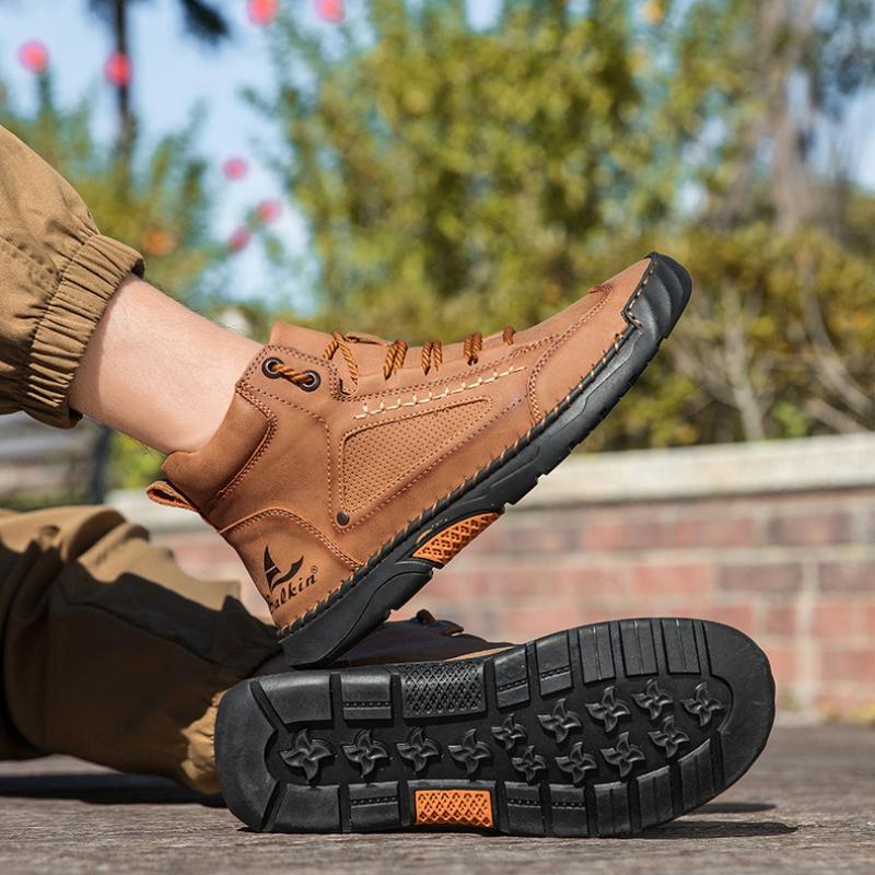 Women/ Men's PU Leather Boots, Men's Fashionable Handmade Stitched Ankle Boots, Flat Bottomed Lace Up Casual Shoes