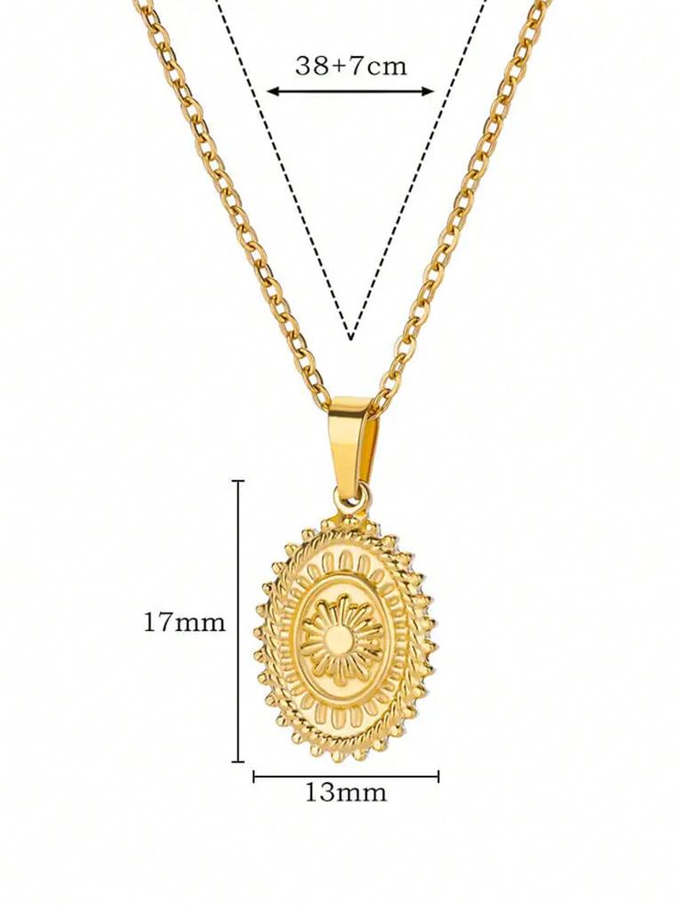Oval Sun Pendant Necklace, Waterproof Gold Sun Necklace For Women, Couple Style, Stainless Steel Jewelry Choker.