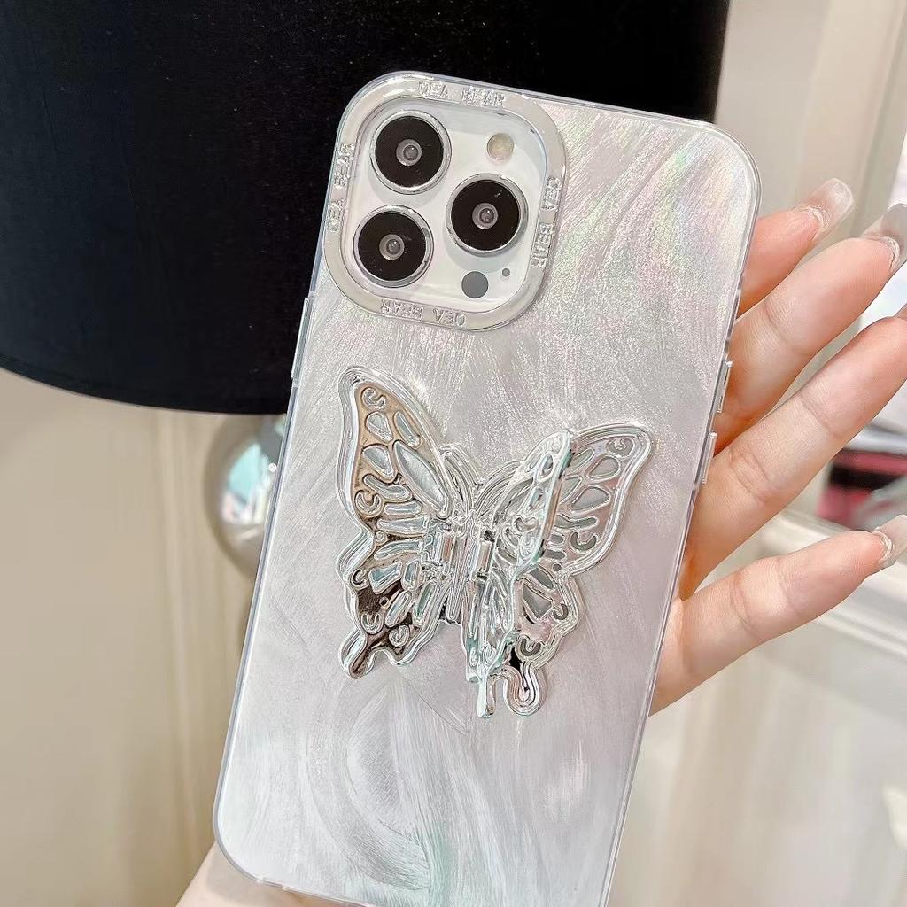 Suitable for Spring and Summer Iphone15 Protective Case Electroplated Frame Feather Yarn Xr Butterfly Bracket 11 Women 14 Apple 13 Mobile Phone Case