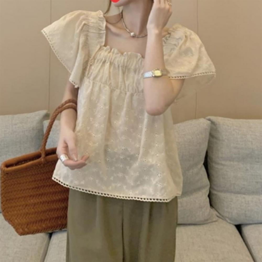 New Arrivals Open Run Women Lace Puff Sleeve Blouse Beige Nk Osl 001