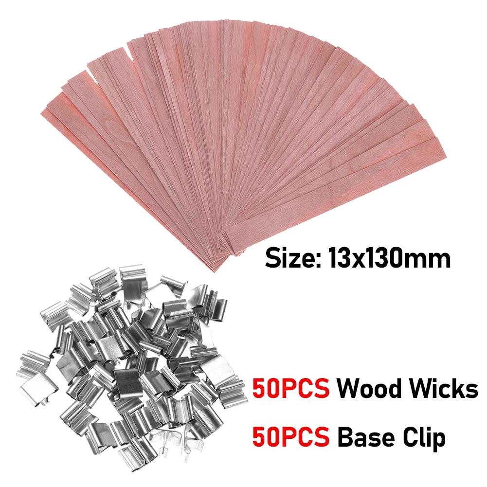 50pcs Wooden Candles Wick Smokeless Candle Core with Clip Base DIY Candle Making Kit Handmade Candle Wood Core Candlewick
