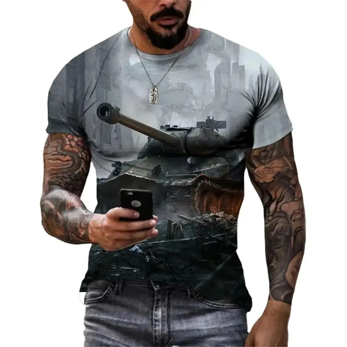 

Летний мужской прочный уличный стиль, 3D-принт, армейский танк, военный узор, О-образный воротник, короткий рукав, тренд, свободный, большого размера, дышащий топ 5XL