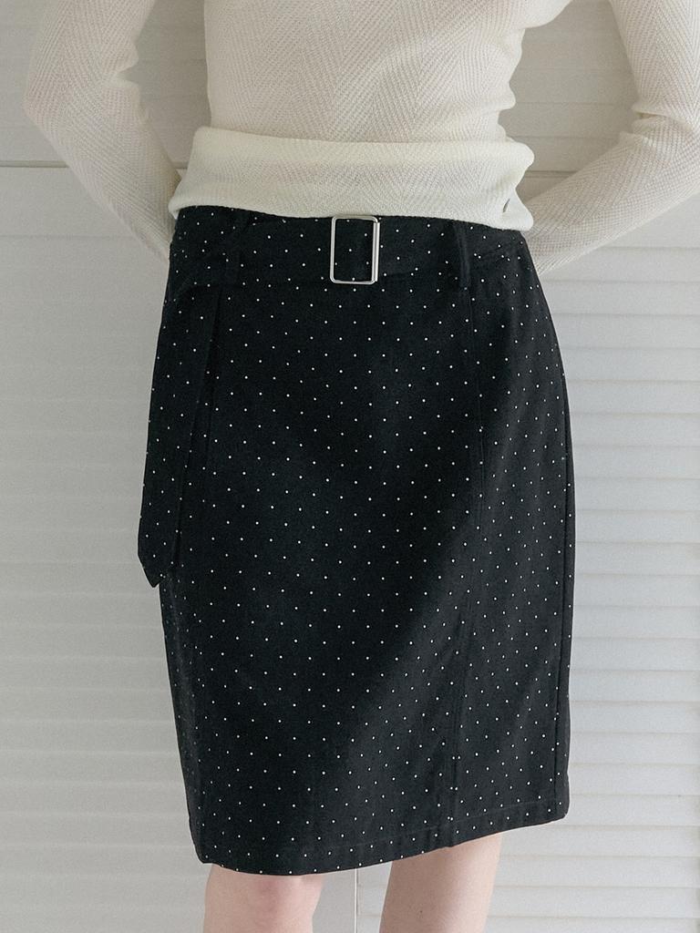 Elssibeui Polka Dot Belted Skirt_Black