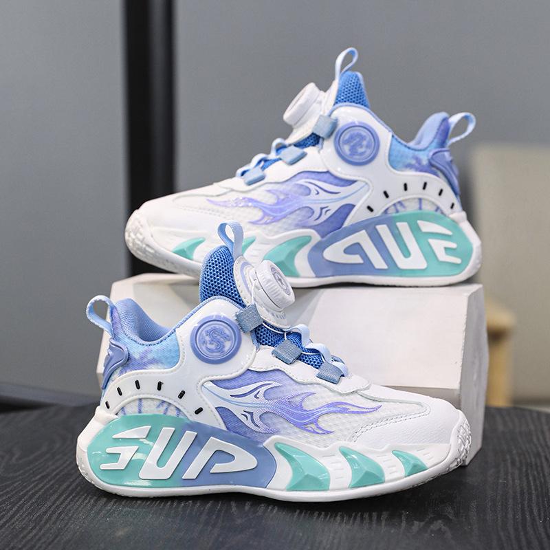 Children's Basketball Shoes Men's Rotary Buckle Sports Shoes Friction Sound All Seasons Through Mesh Breathable Lightweight Training Shoes Women