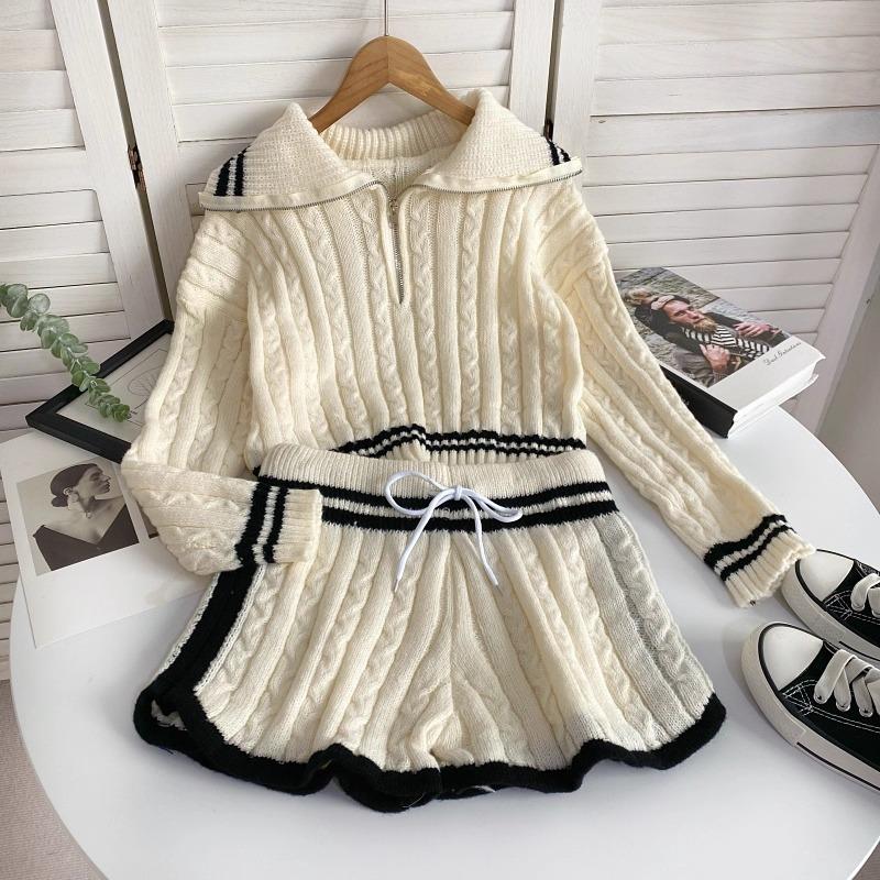 

Осень Зима Женский Повседневный Вязаный Свитер с Перекрутом и Брюки Комплект из Двух Предметов Топы-Пуловеры на Молнии с Длинным Рукавом и Шорты с Эластичной Талией Спортивный Костюм One Size