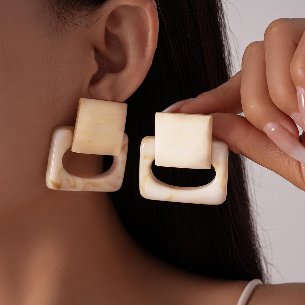 Vintage acrylic wood geometric hollow square silver needle earrings vacation style niche earrings