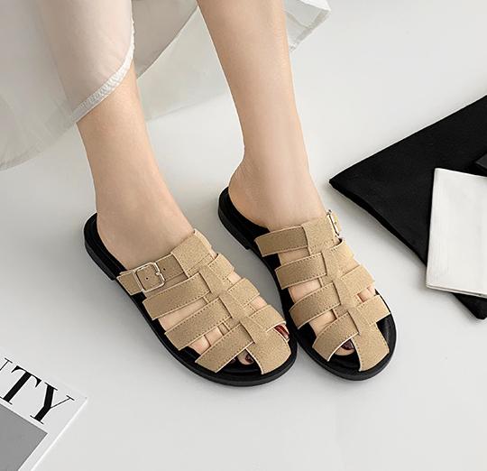 

Fashion Buckle Strap Flat Sandals Woman Hollow Out Gladiator Shoes Pig Cages Design Slippers Rome Beach Slides Female Slip On Flipflops 35 абрикосовый