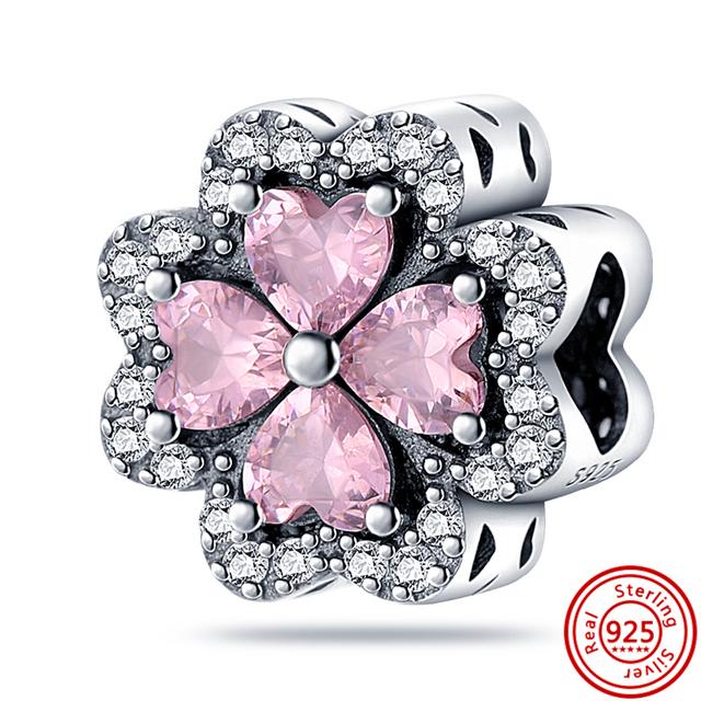 925 Sterling Silver Fyrklöver Stil Grön Klar Zirkon Hjärta Lucky Beads Fit Berlocker Armband Smycken