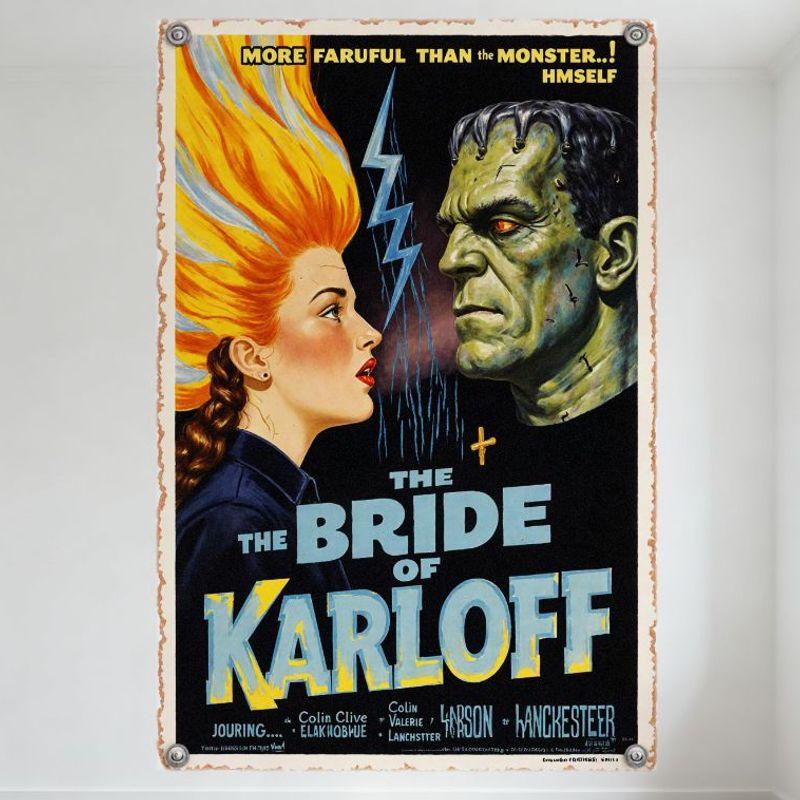 

Vintage The Bride of Karloff Horror Movie Metal Tin Sign Retro Frankenstein Monster Wall Plaque for Man Cave Home Decor 20x30cm（7.8x11.8inch）