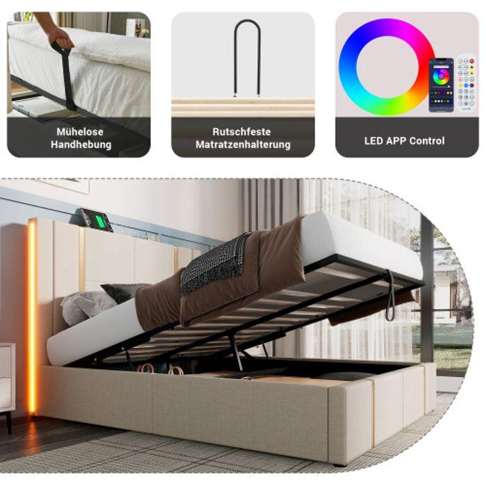 Lit Rembourré Fonction De Charge USB Type C Contrôle APP LED 140×200 , Tissu Lin Beige (avec Matelas)