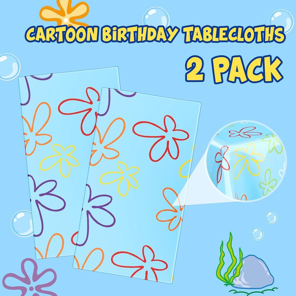 Oudain 2 Sheets Sponge Birthday Party Supplies Blue Ocean Flower Tablecloth 54 x 108 Inch Plastic Table Covers for Birthday Party Decorations