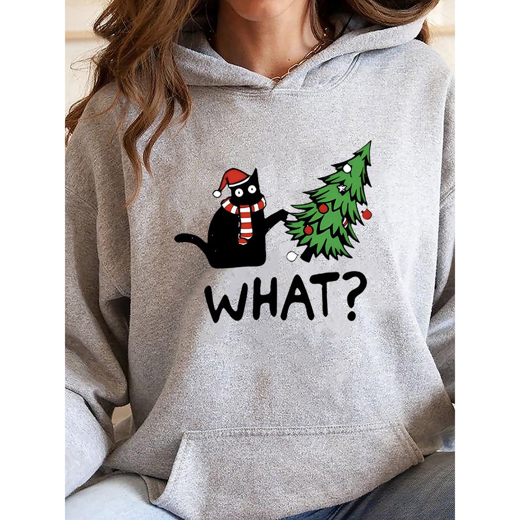 2025 Women's Festive Christmas Cat Print Hoodie Women Sweatshirt Casual Long Sleeve Fall & Winter Warm Hoodie