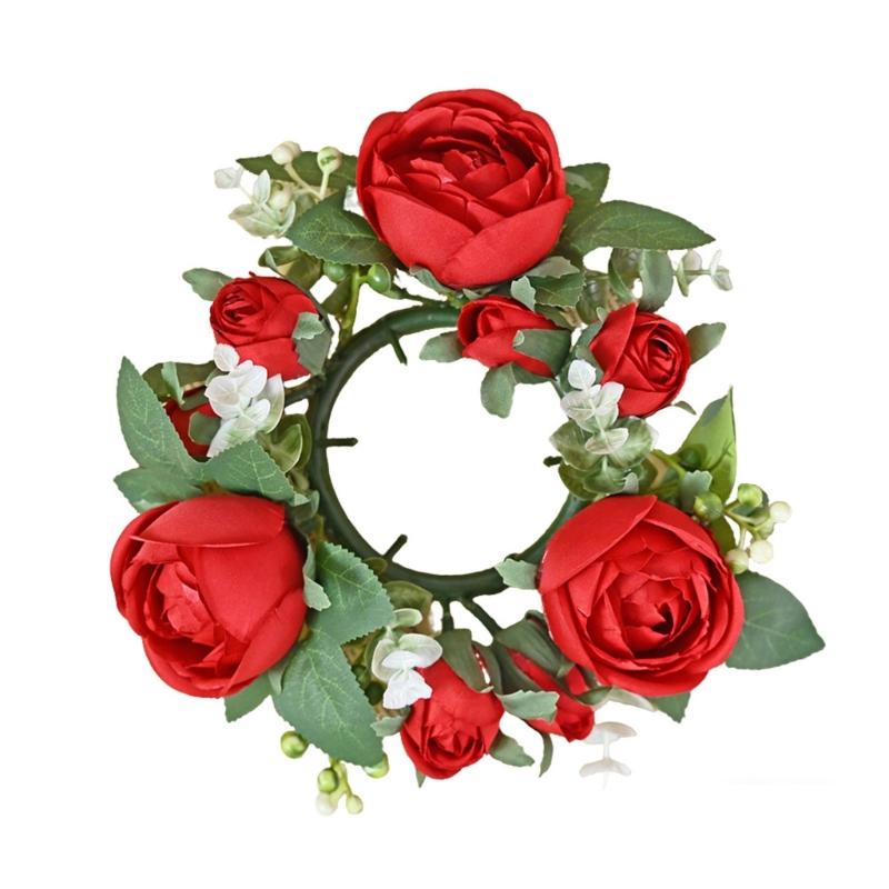 Artificial Rose Flower Candle Wreath Valentine's Day Candle Stand Rings for Pillars Wine Bottle Wedding Decoration