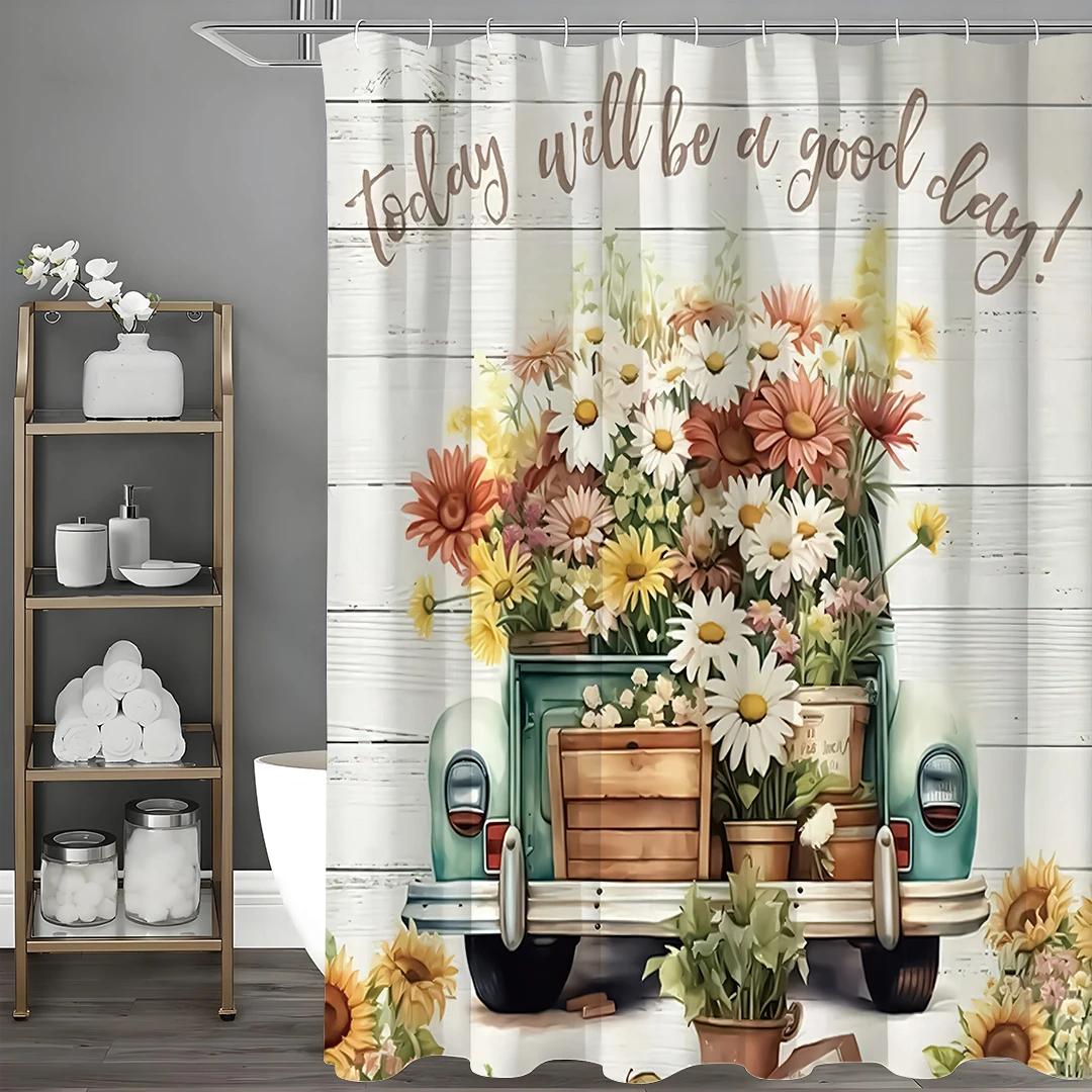 

Little Daisy Sunflower Floral Car Shower Curtain, Bathroom Decorative Shower Curtain, Waterproof Shower Curtain With Hooks W60H190(CM)-1 Pcs