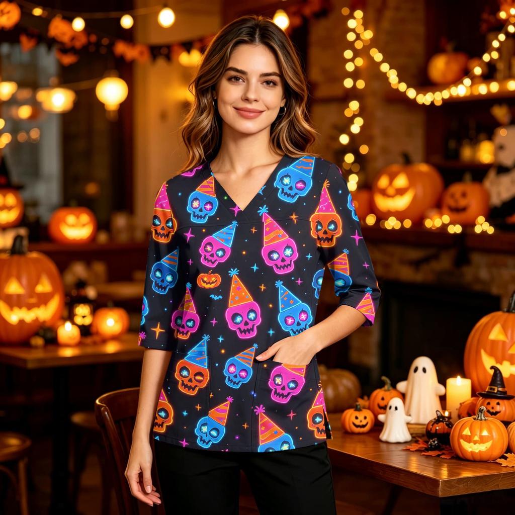 Women's Halloween Print V-Neck Scrub Top with Pockets and Side Slits - Three-Quarter Sleeve Casual Uniform